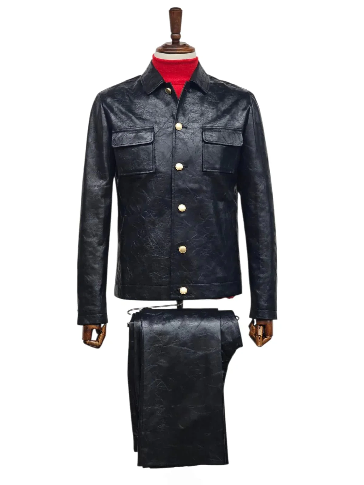 Mens Five Button Slim Fit Leather Suit Black - Image 3