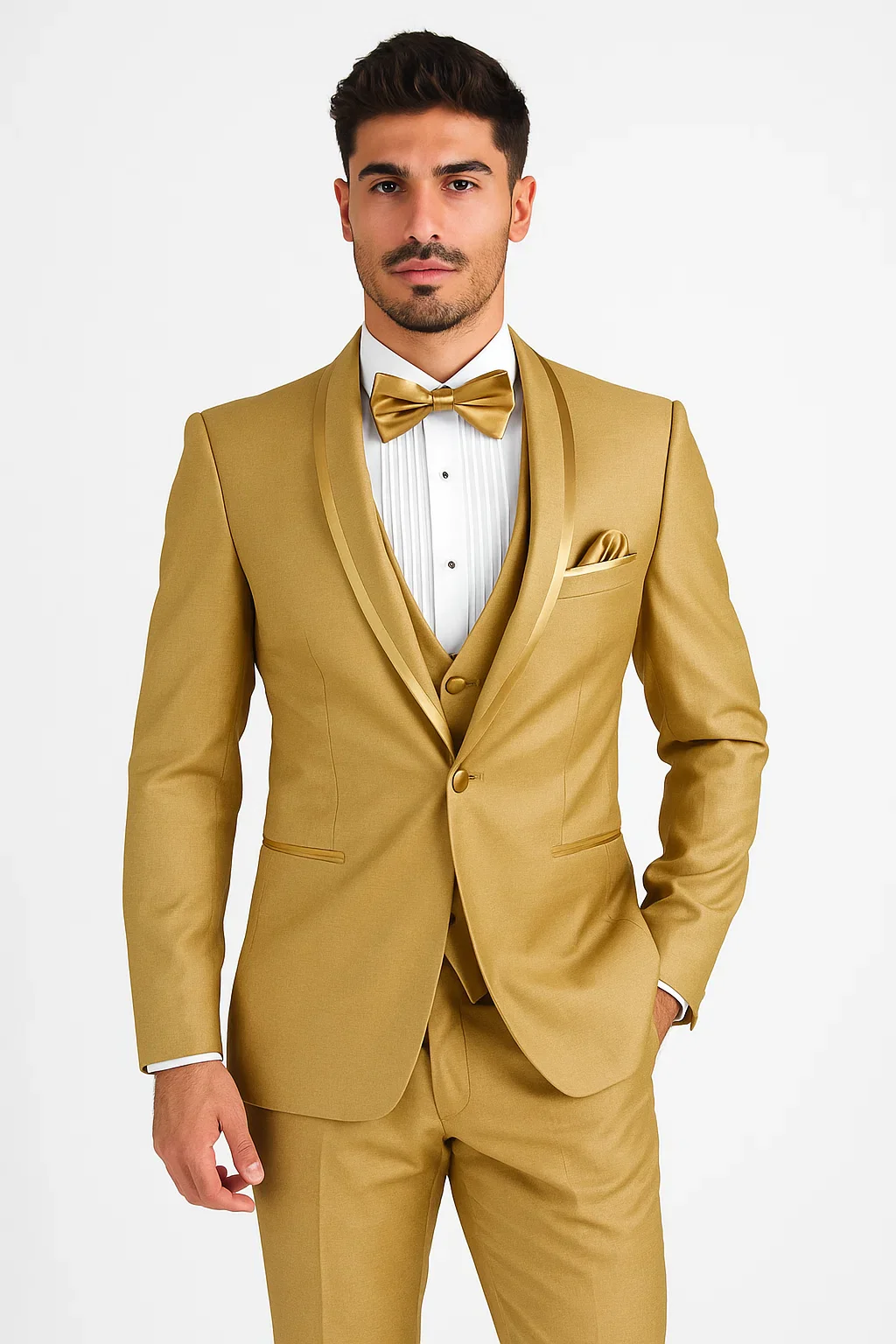 Mens Formal Champagne Tuxedo – Satin Shawl Collar Vested Suit for Prom and Weddings in Gold Color - Image 4