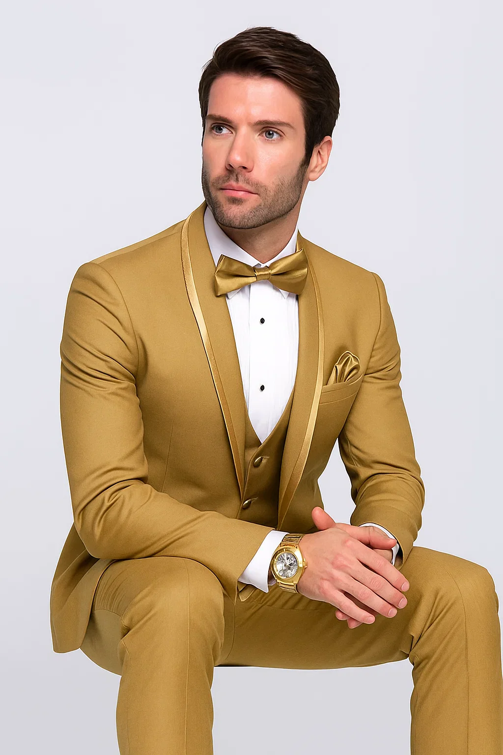 Mens Formal Champagne Tuxedo – Satin Shawl Collar Vested Suit for Prom and Weddings in Gold Color - Image 5