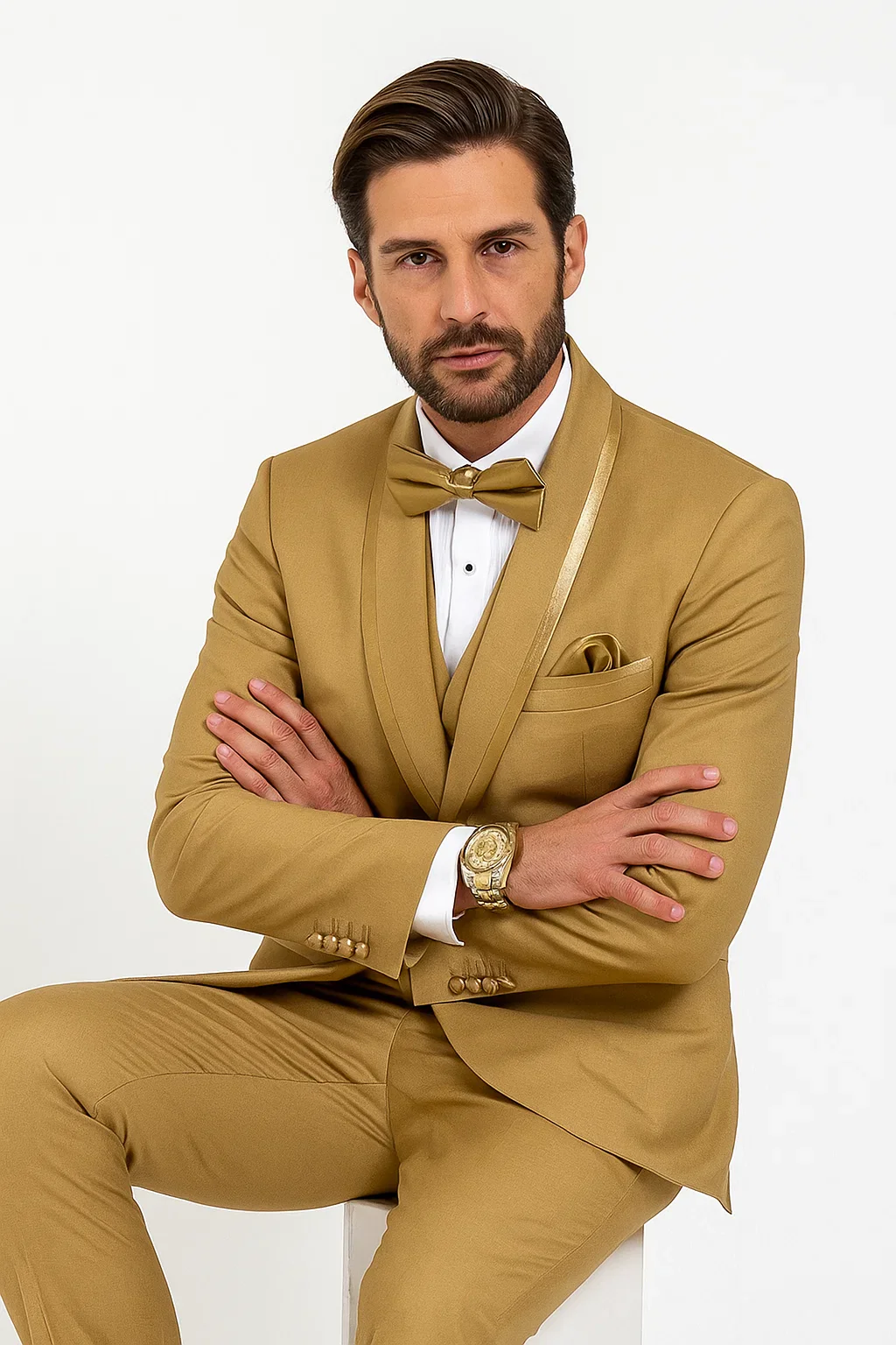 Mens Formal Champagne Tuxedo – Satin Shawl Collar Vested Suit for Prom and Weddings in Gold Color - Image 7