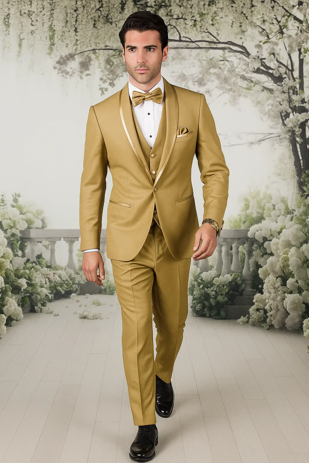 Mens Formal Champagne Tuxedo – Satin Shawl Collar Vested Suit for Prom and Weddings in Gold Color - Image 8