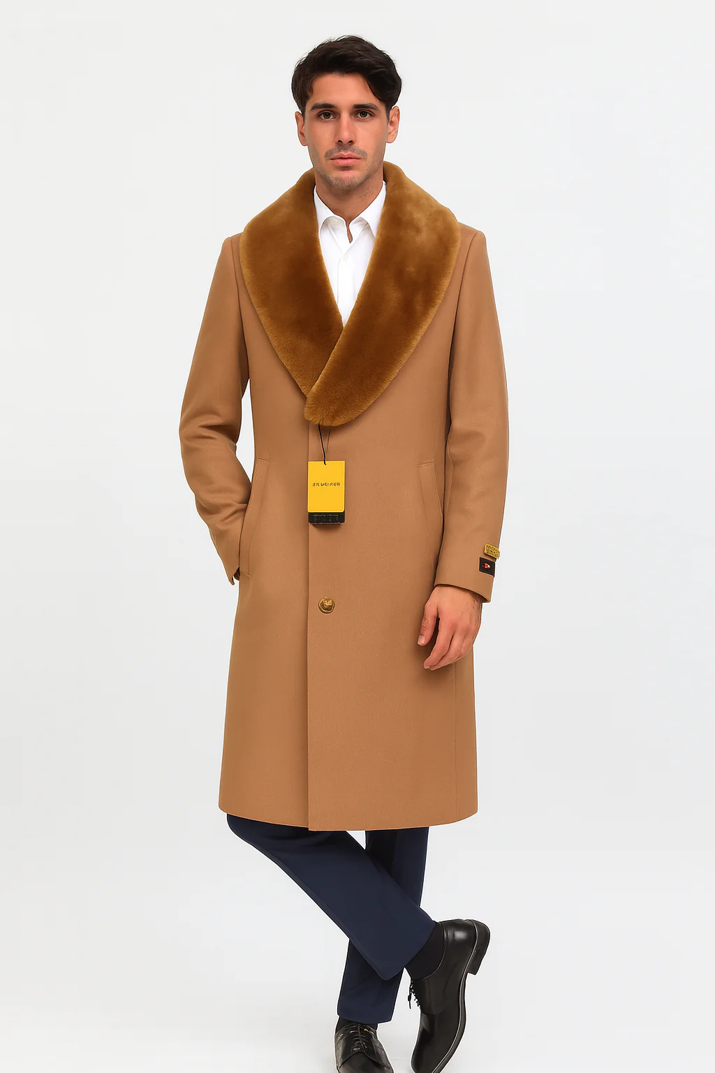 Mens Full Length And Cashmere Overcoat - Winter Topcoats - Light Brown Coat - Dark Camel - Vecuna Color - Image 3