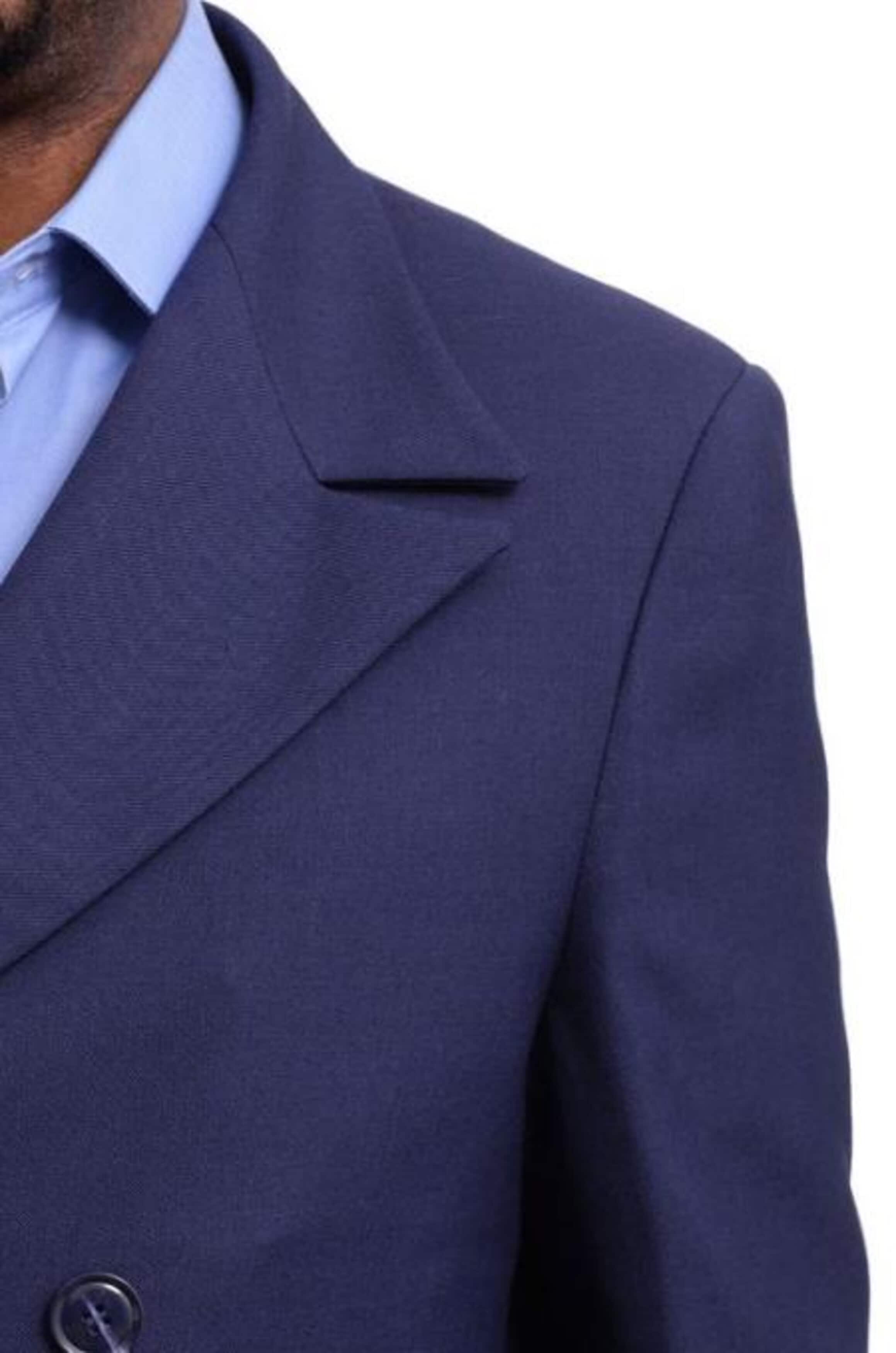 Mens Full Length Overcoat Navy Blue Wool Double Breasted Trench Coat - Image 2