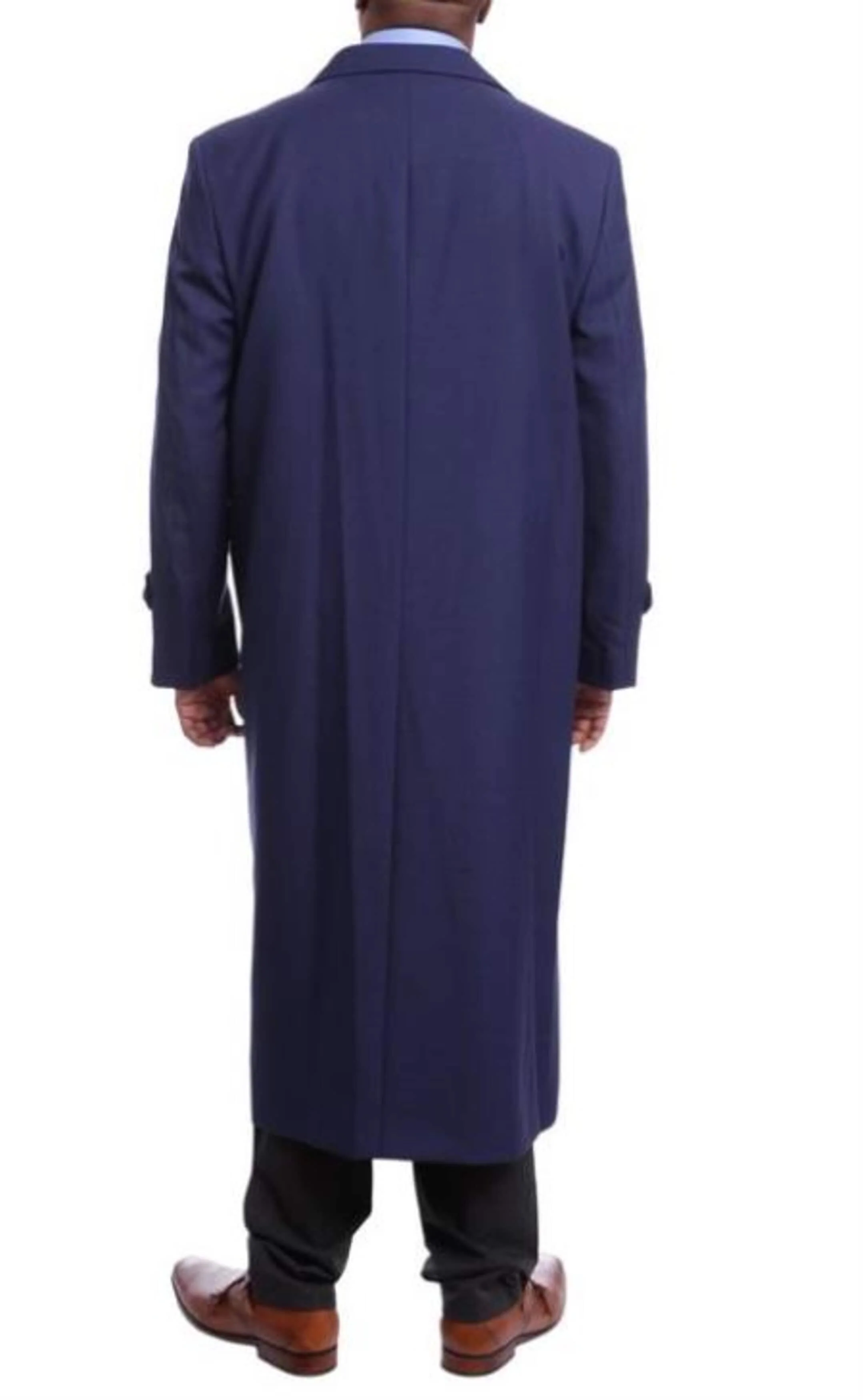 Mens Full Length Overcoat Navy Blue Wool Double Breasted Trench Coat - Image 3