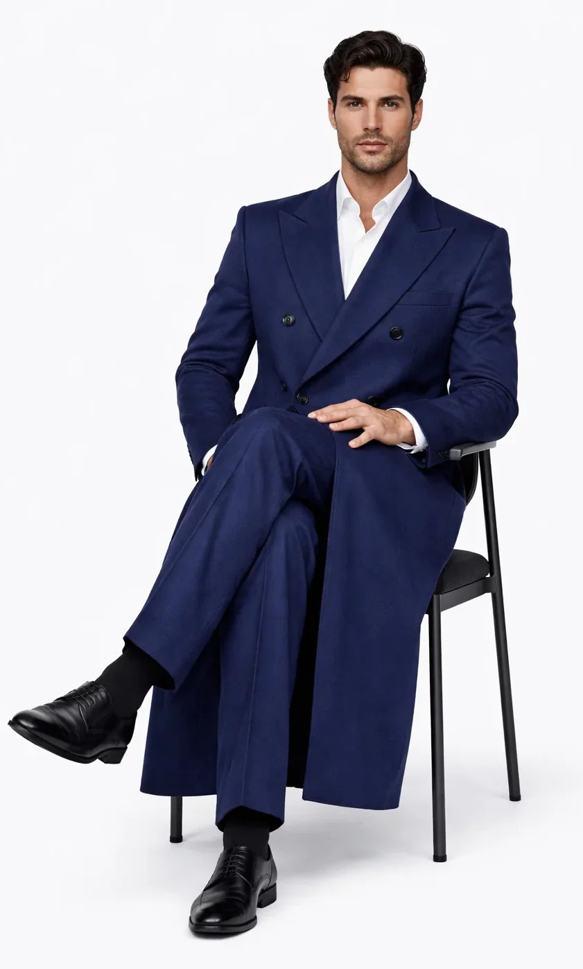 Mens Full Length Wool and Cashmere Overcoat - Winter Topcoats - Blue Coat - Image 4
