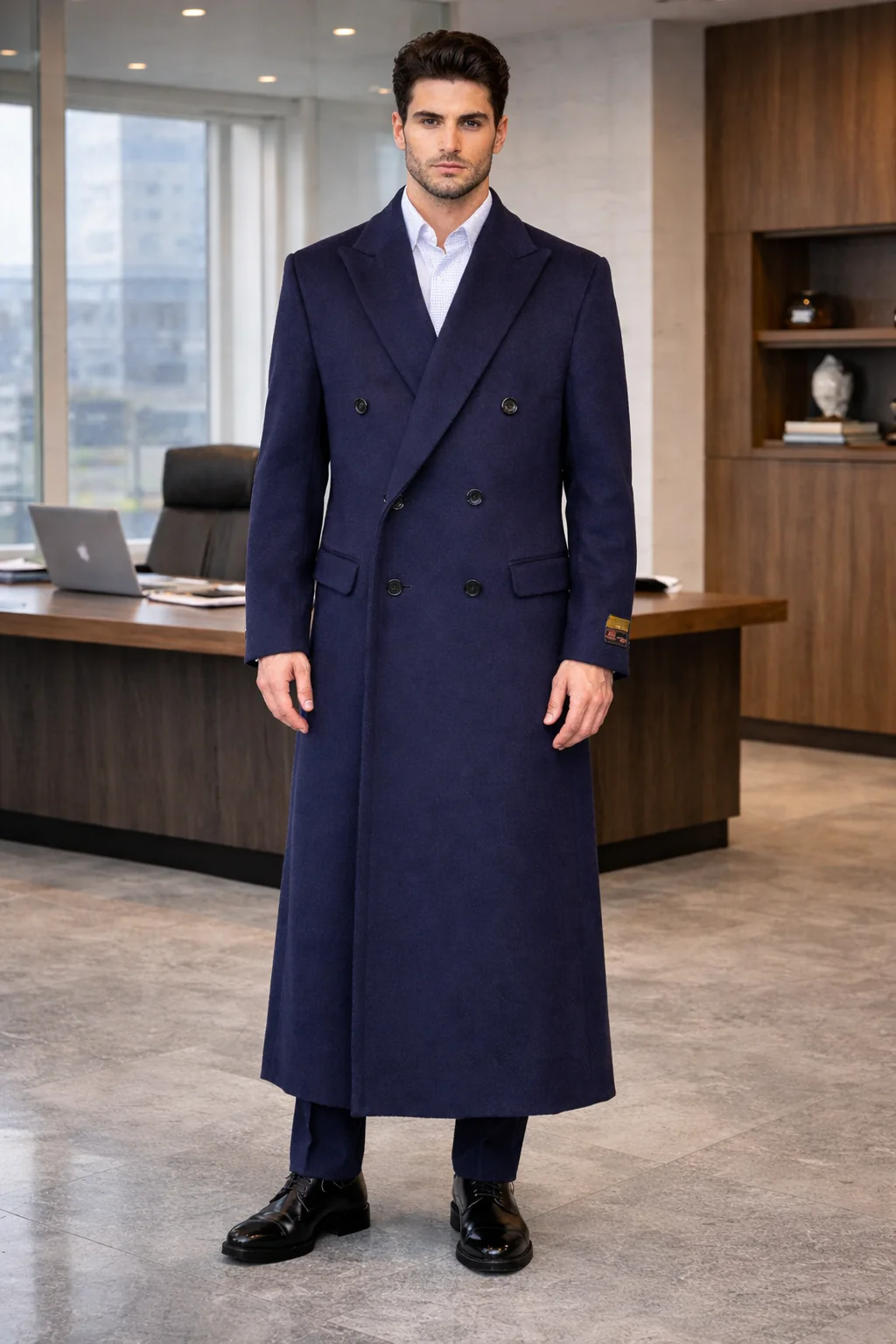 Mens Full Length Wool and Cashmere Overcoat - Winter Topcoats - Blue Coat - Image 6