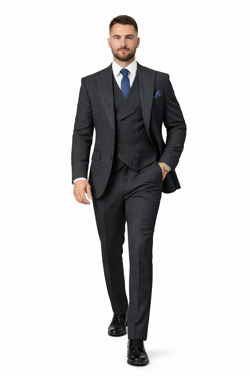 Mens Gangster Pinstripe 2 Button Double Breasted Vest Grey Suit - Image 29