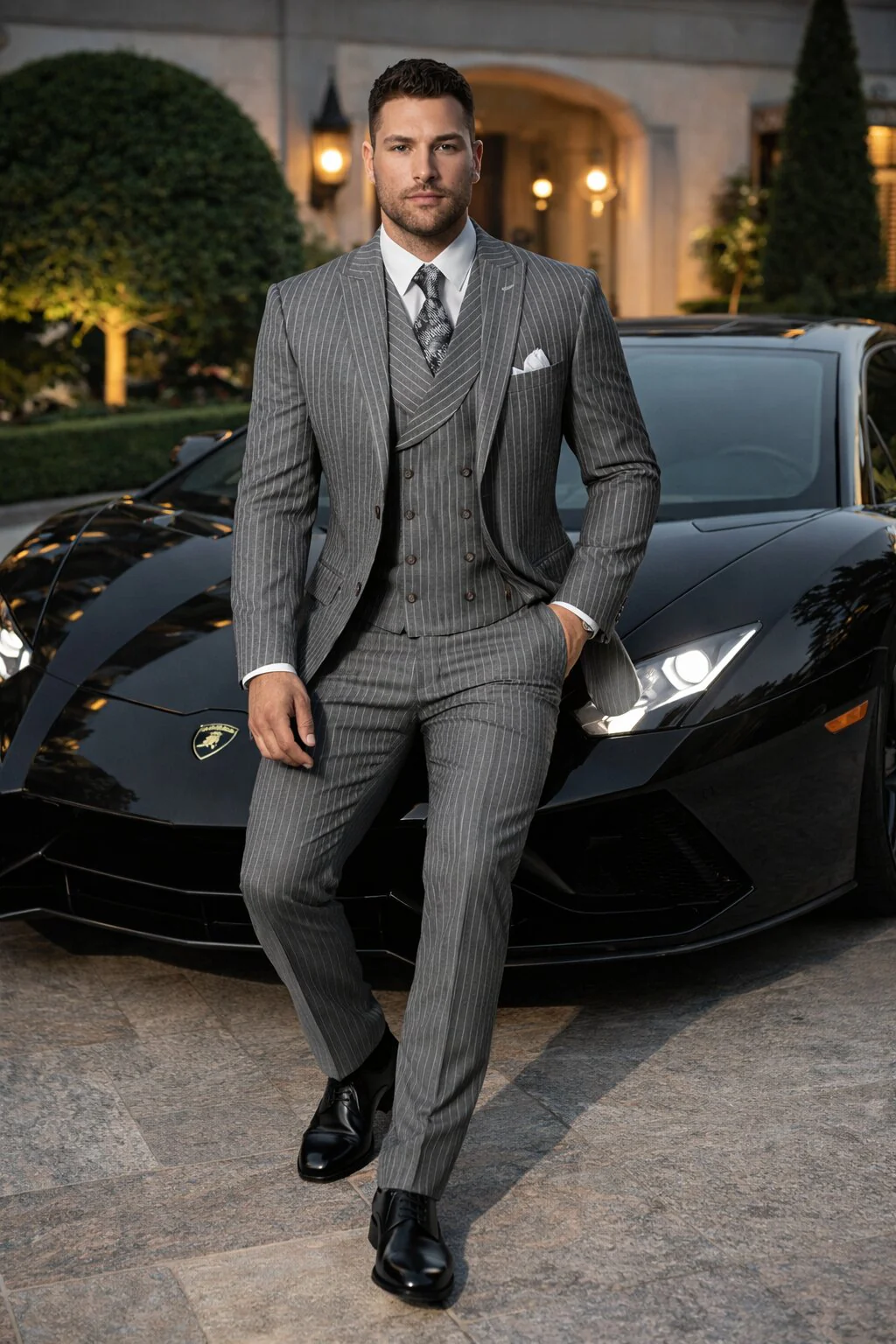 Mens Gangster Pinstripe 2 Button Double Breasted Vest Grey Suit - Image 7