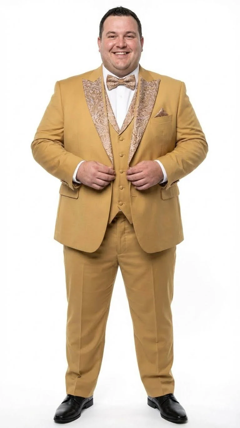 Men's Gold Embellished Tuxedo Suit + Bowtie – Slim Fit Jacket, Vest and Tailored Pants - Image 2