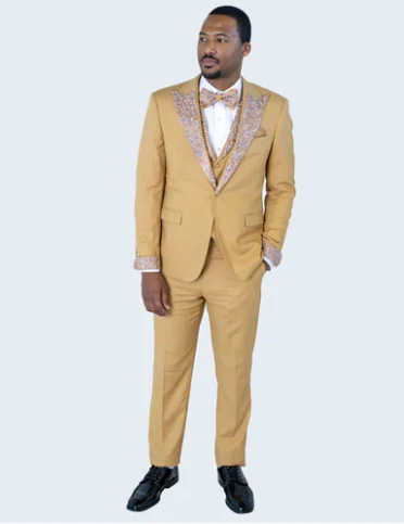 Men's Gold Embellished Tuxedo Suit + Bowtie – Slim Fit Jacket, Vest and Tailored Pants - Image 8
