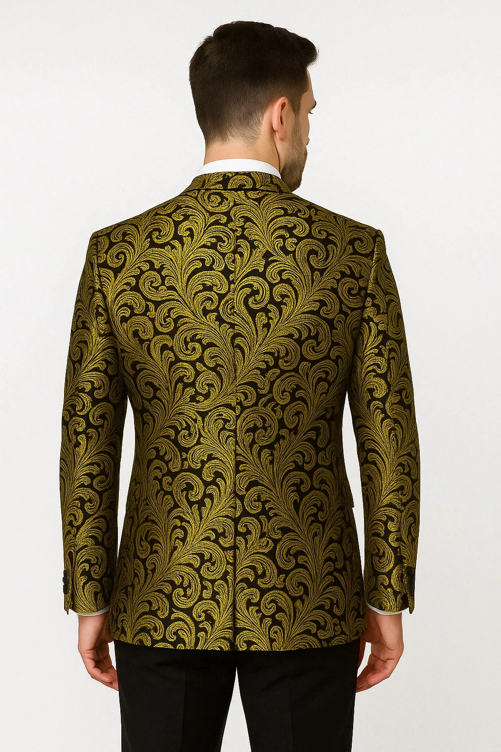 Mens Goldish Yellow and Black Paisley Tuxedo Blazer with Matching Bow Tie with Black Pants - Image 2