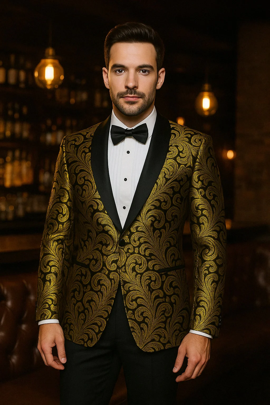 Mens Goldish Yellow and Black Paisley Tuxedo Blazer with Matching Bow Tie with Black Pants - Image 3