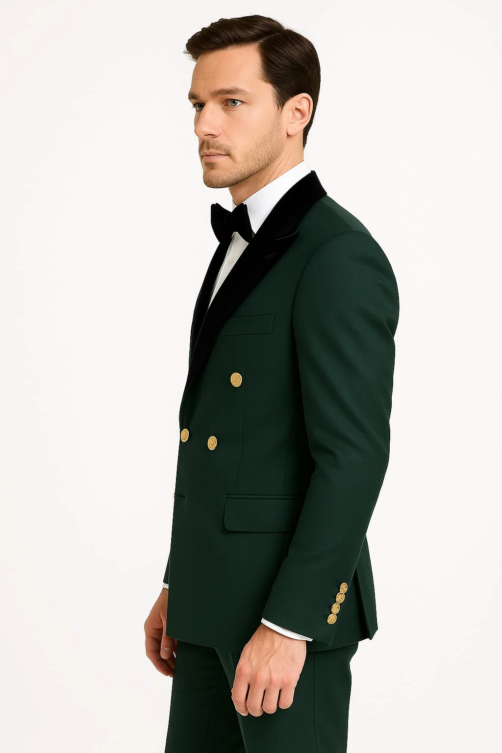 Men's Green Double-Breasted Wedding Tuxedo with Black Velvet Lapel and Gold Buttons - Image 3