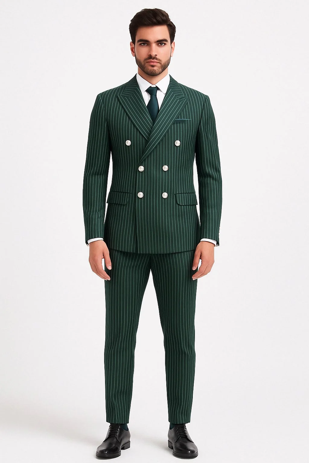 Mens Green Pinstripe Double-Breasted Suit – Slim Fit 2 Piece Formal Business Suit with Peak Lapel 1920s Gangster Pinstripe