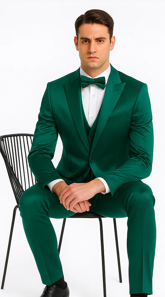 Men's Green Satin Double Breasted 3-Piece Suit with Peak Lapel Vest and Matching Bowtie – Tazzio Slim Fit Formalwear - Image 3
