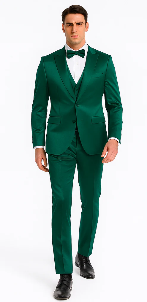 Men's Green Satin Double Breasted 3-Piece Suit with Peak Lapel Vest and Matching Bowtie – Tazzio Slim Fit Formalwear - Image 4