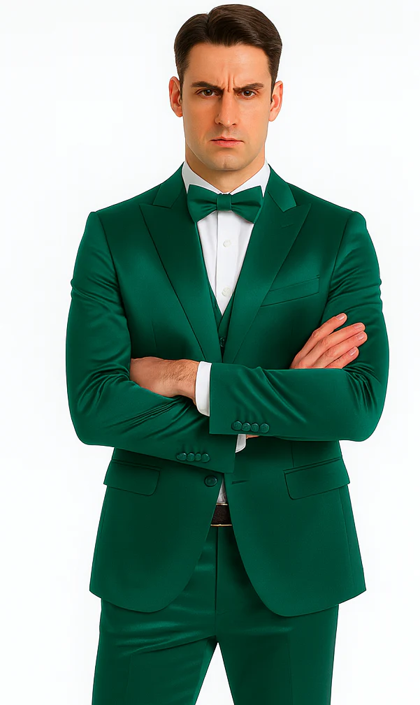 Men's Green Satin Double Breasted 3-Piece Suit with Peak Lapel Vest and Matching Bowtie – Tazzio Slim Fit Formalwear - Image 5