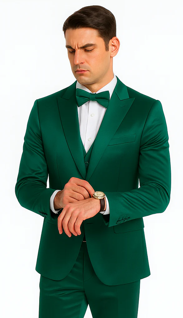 Men's Green Satin Double Breasted 3-Piece Suit with Peak Lapel Vest and Matching Bowtie – Tazzio Slim Fit Formalwear - Image 6