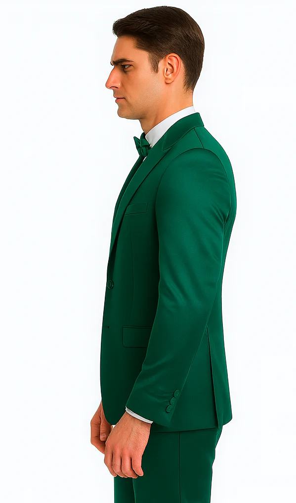Men's Green Satin Double Breasted 3-Piece Suit with Peak Lapel Vest and Matching Bowtie – Tazzio Slim Fit Formalwear - Image 7