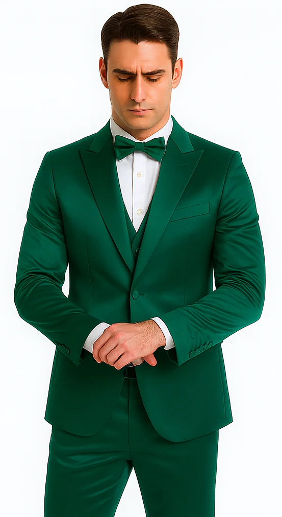 Men's Green Satin Double Breasted 3-Piece Suit with Peak Lapel Vest and Matching Bowtie – Tazzio Slim Fit Formalwear - Image 8
