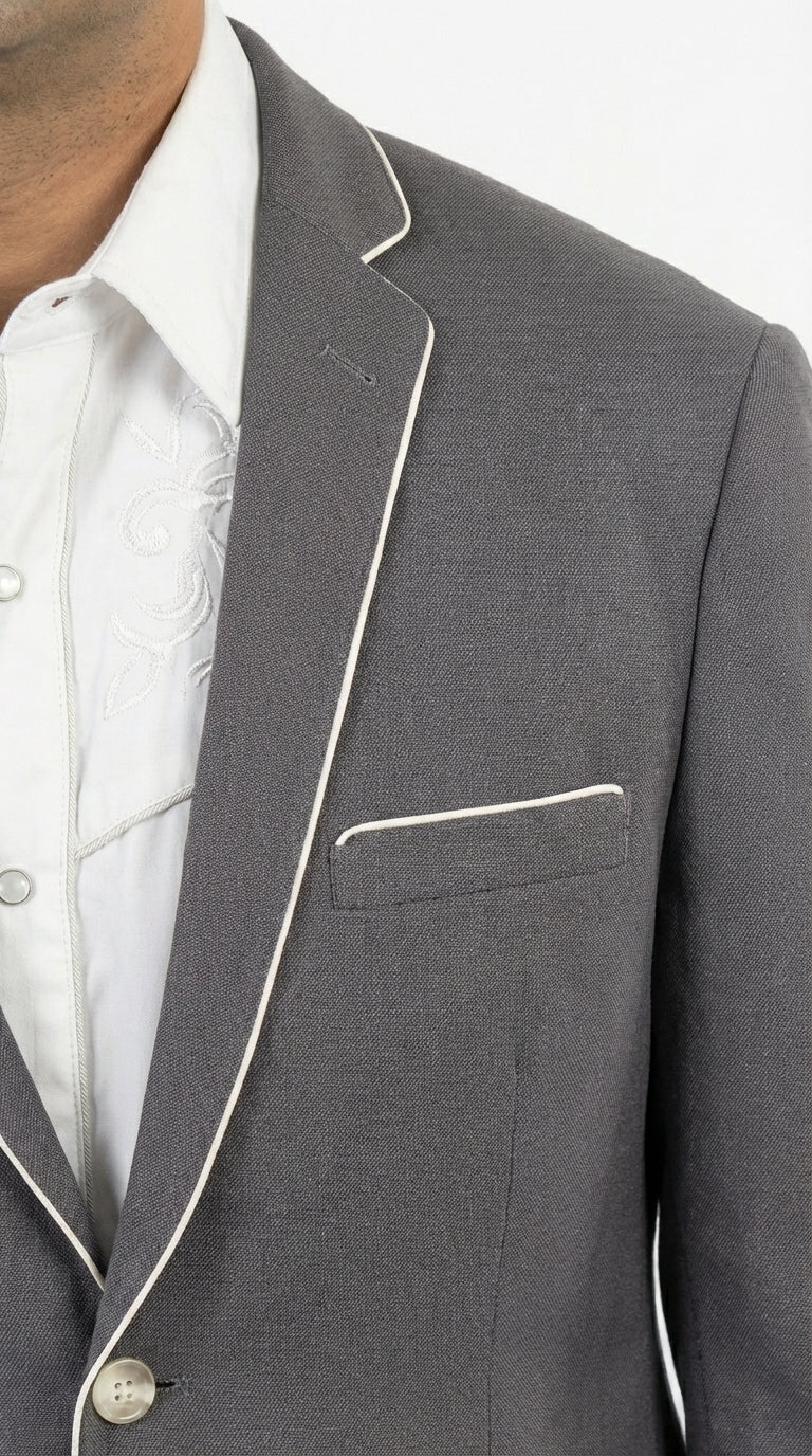 Mens Grey and White Trim Western Blazer – Classic Fit Cowboy Style Contrast Trim Dress Jacket - Image 5