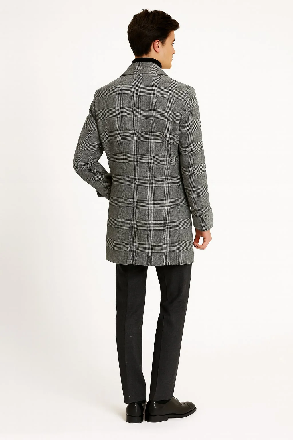 Mens Grey Plaid Double-Breasted Overcoat with Black Faux Fur Collar – Classic Winter Peacoat - Image 3