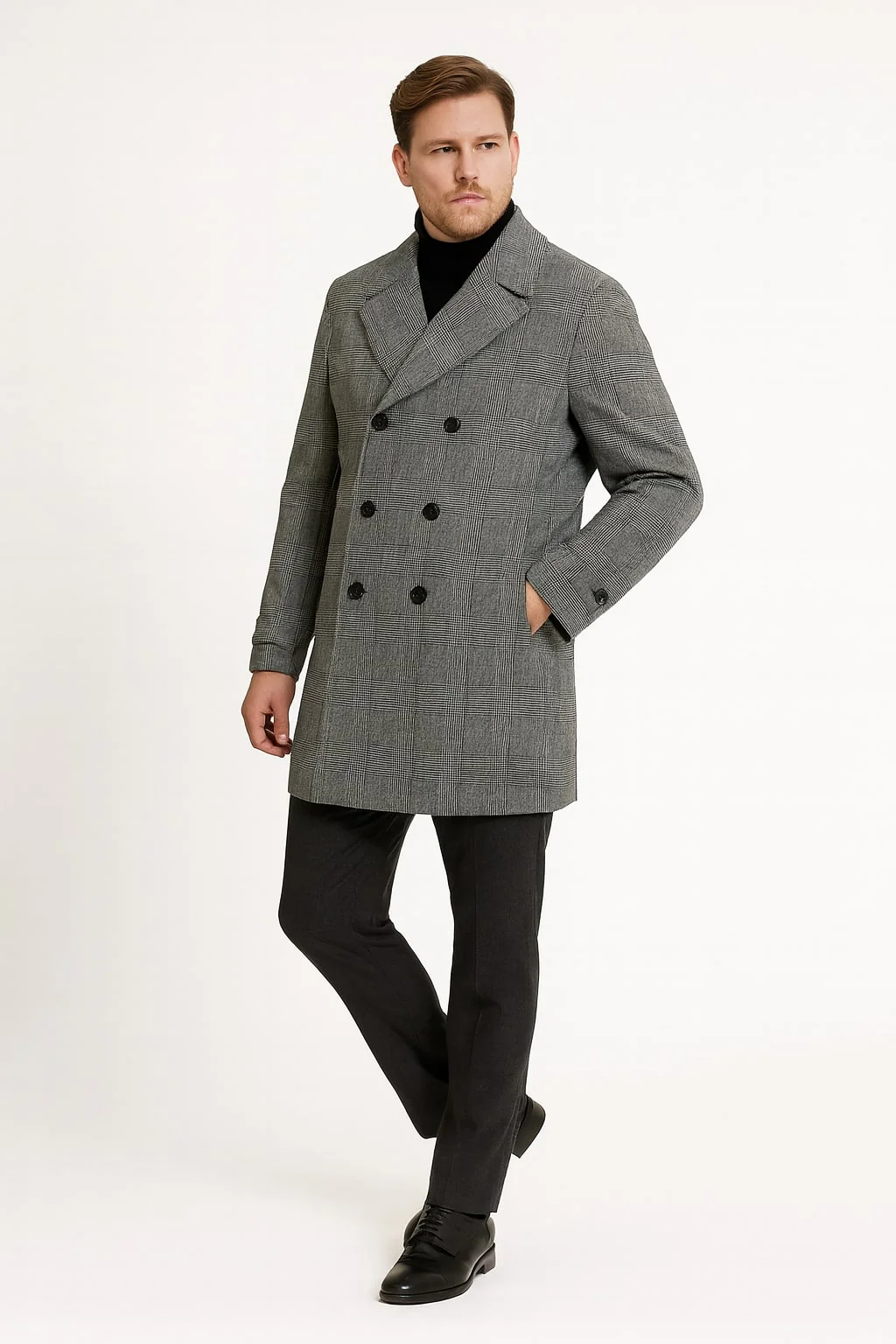 Mens Grey Plaid Double-Breasted Overcoat with Black Faux Fur Collar – Classic Winter Peacoat - Image 5