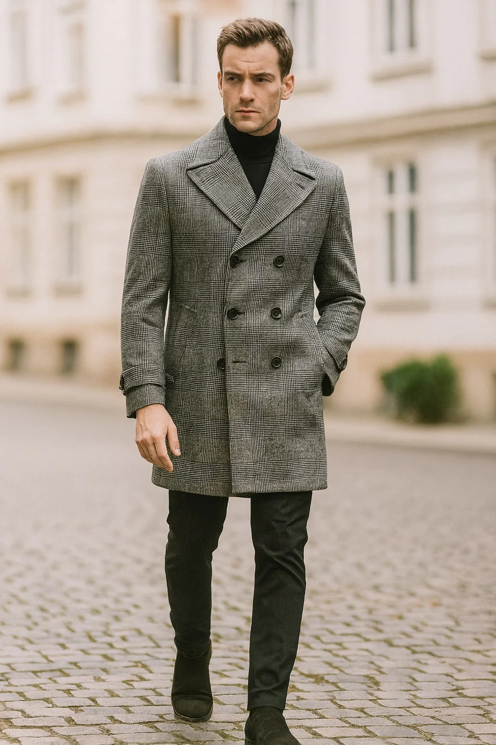 Mens Grey Plaid Double-Breasted Overcoat with Black Faux Fur Collar – Classic Winter Peacoat - Image 6