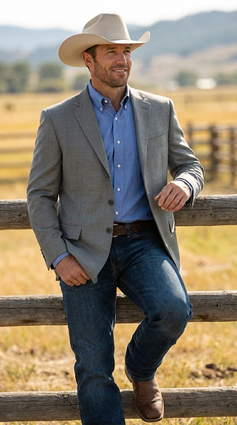 Mens Grey Western Three Button Blazer – Classic Cowboy Style Formal Jacket Business Casual Sport Coat - Image 15
