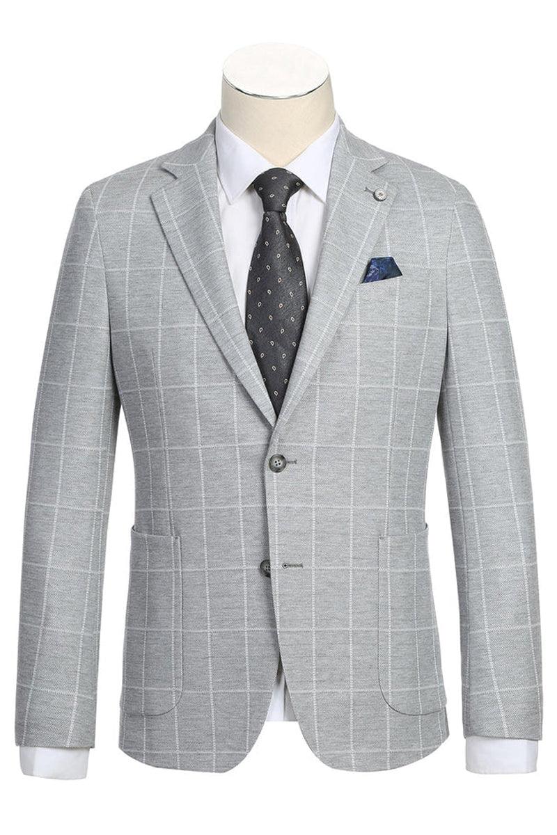 "Pelago Men's Half Canvas Light Grey & White Windowpane Plaid Sport Coat Blazer"