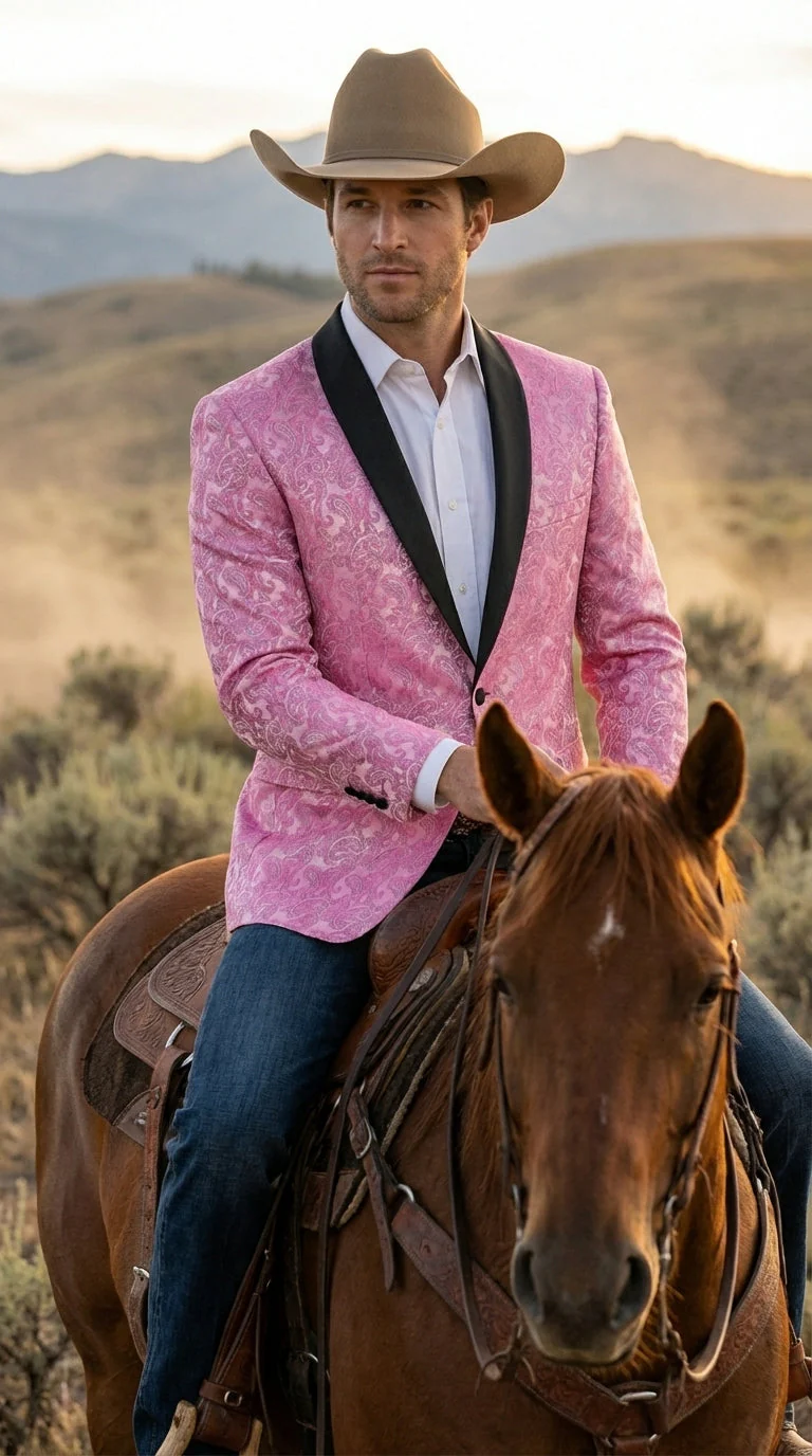 Mens Hot Pink Paisley Western Blazer Jacket – Stylish Pattern Formal Blazer with Black Shawl Lapel for Party, Wedding Cowboy Sportcoat - Image 11