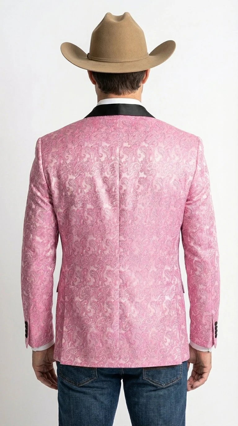Mens Hot Pink Paisley Western Blazer Jacket – Stylish Pattern Formal Blazer with Black Shawl Lapel for Party, Wedding Cowboy Sportcoat - Image 2