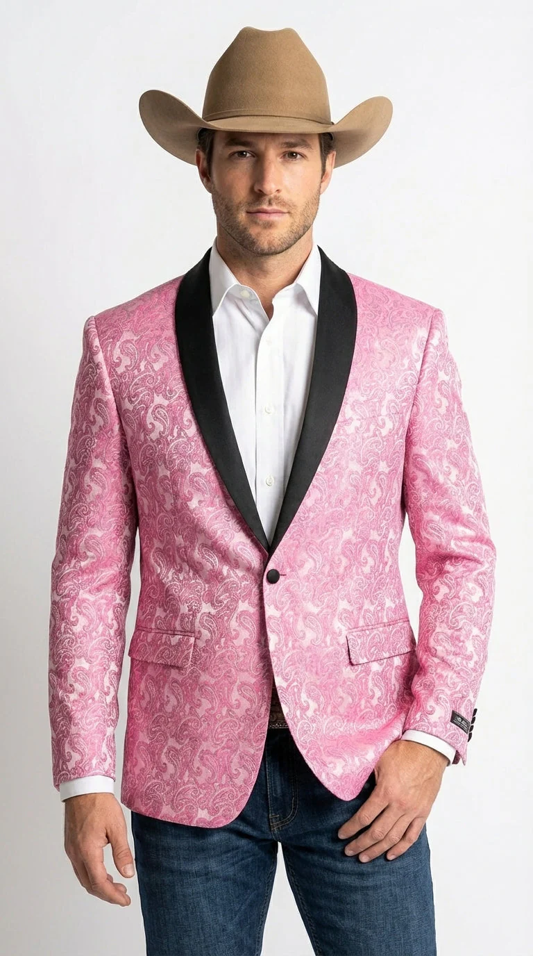 Mens Hot Pink Paisley Western Blazer Jacket – Stylish Pattern Formal Blazer with Black Shawl Lapel for Party, Wedding Cowboy Sportcoat - Image 3