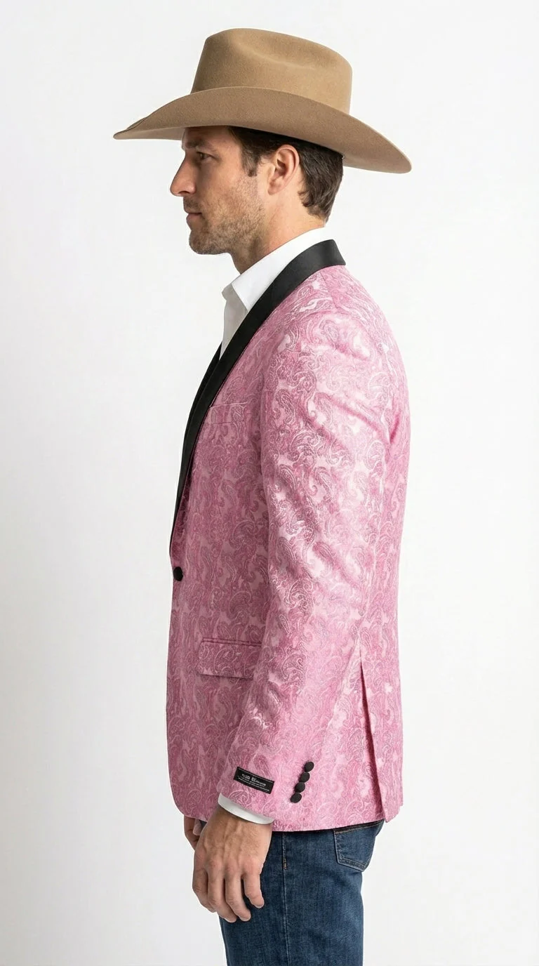 Mens Hot Pink Paisley Western Blazer Jacket – Stylish Pattern Formal Blazer with Black Shawl Lapel for Party, Wedding Cowboy Sportcoat - Image 4