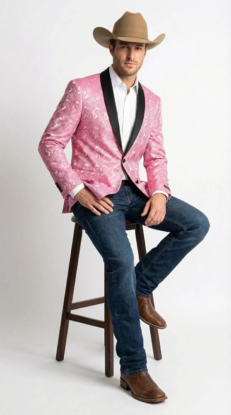 Mens Hot Pink Paisley Western Blazer Jacket – Stylish Pattern Formal Blazer with Black Shawl Lapel for Party, Wedding Cowboy Sportcoat - Image 7