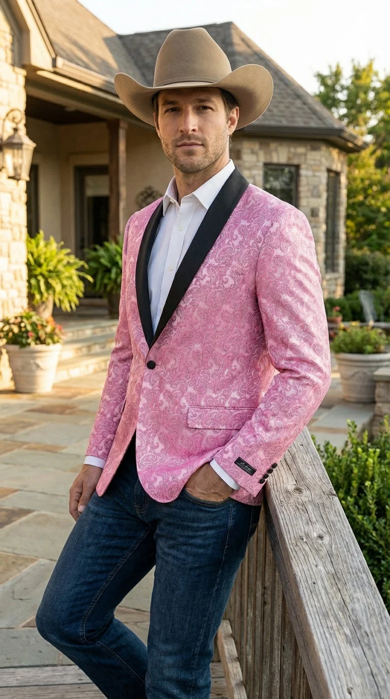 Mens Hot Pink Paisley Western Blazer Jacket – Stylish Pattern Formal Blazer with Black Shawl Lapel for Party, Wedding Cowboy Sportcoat - Image 8