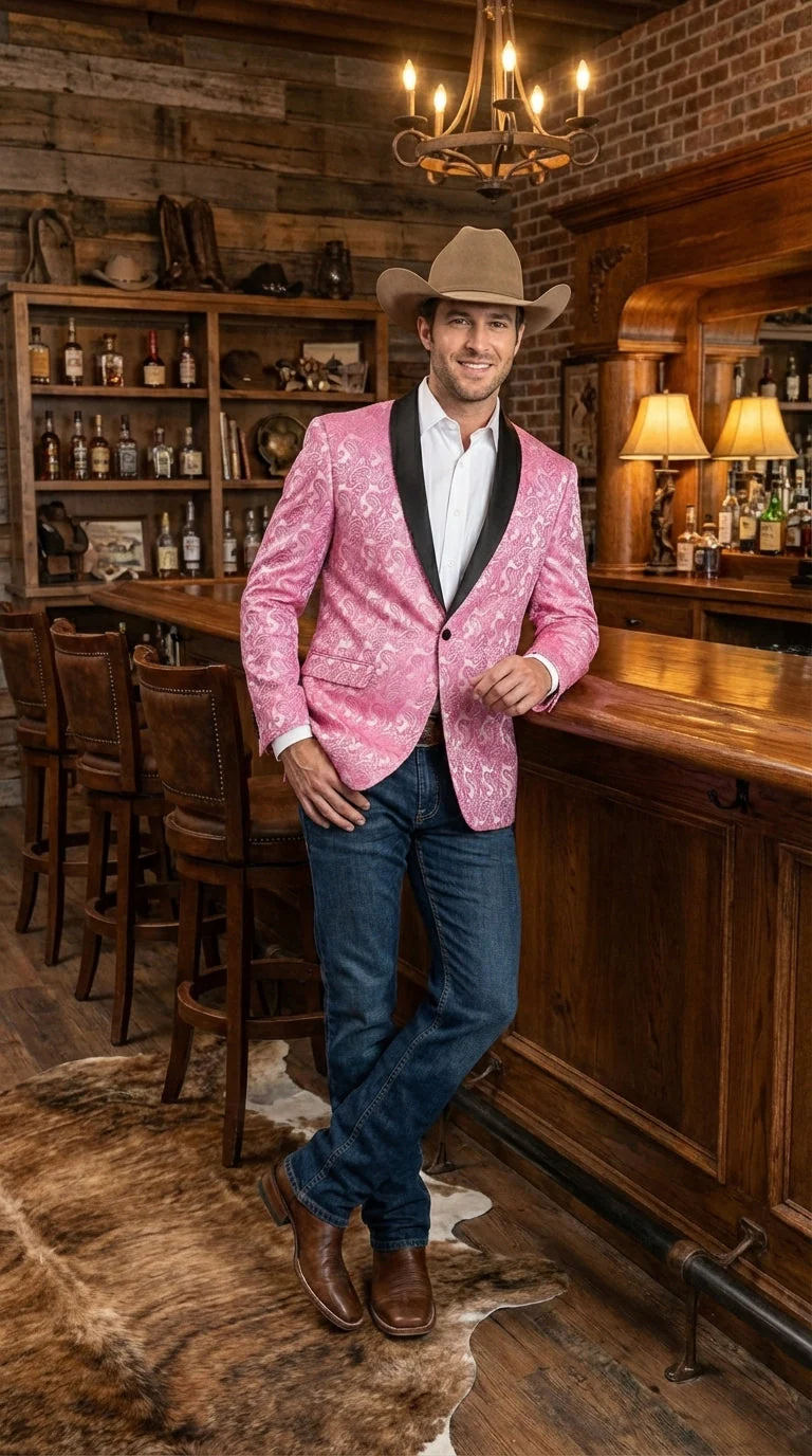 Mens Hot Pink Paisley Western Blazer Jacket – Stylish Pattern Formal Blazer with Black Shawl Lapel for Party, Wedding Cowboy Sportcoat - Image 9