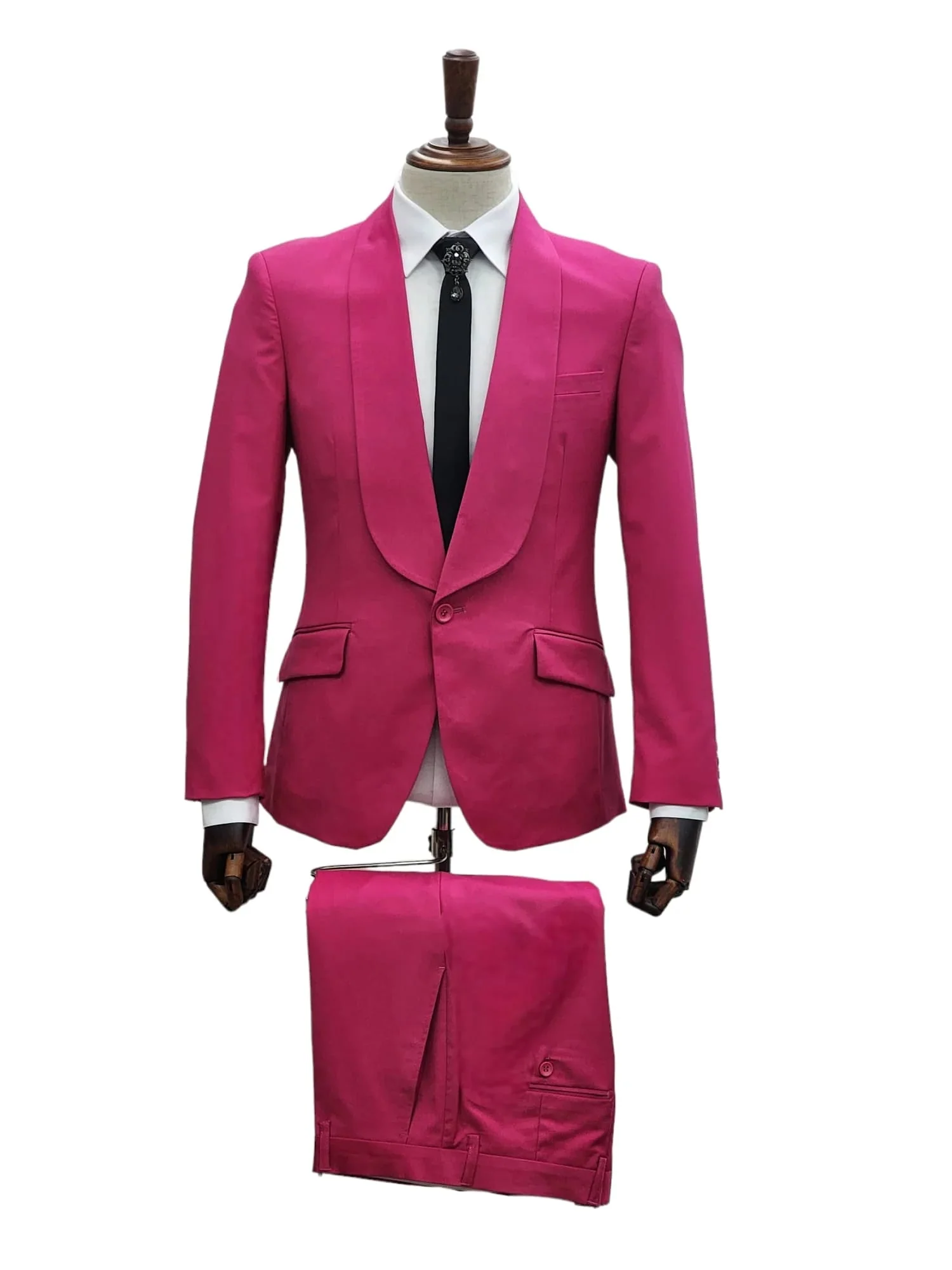Mens Hot Pink Tuxedo Dinner Jacket + Pants with Shawl Lapel – Slim Fit 2-Piece Suit for Weddings, Proms Suit in Fuchsia Color - Image 6