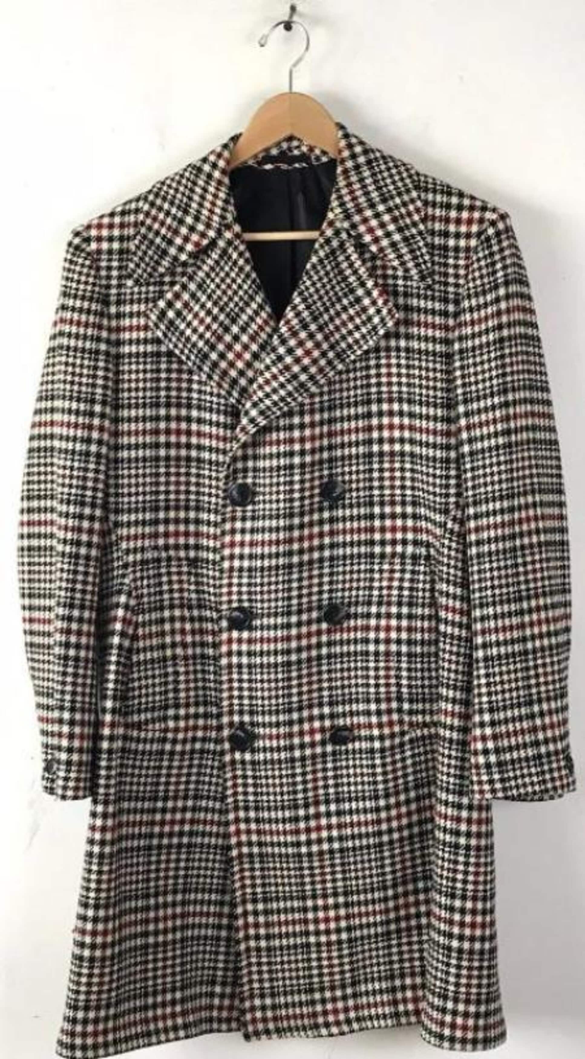 Mens Houndstooth Six Button Front Double Breasted Wool Overcoat - Image 2