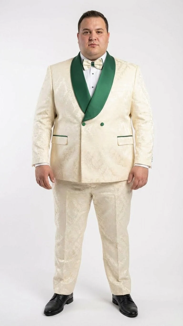 Men's Ivory and Emerald Green Jacquard Tuxedo Suit + Bowtie – 3-Piece Formal Wedding, Prom, and Gala Outfit - Image 2