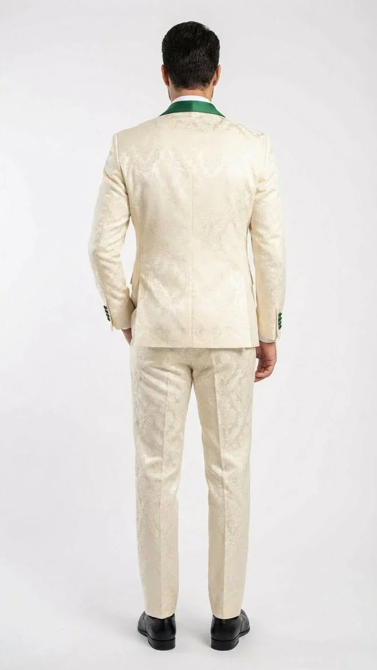 Men's Ivory and Emerald Green Jacquard Tuxedo Suit + Bowtie – 3-Piece Formal Wedding, Prom, and Gala Outfit - Image 5