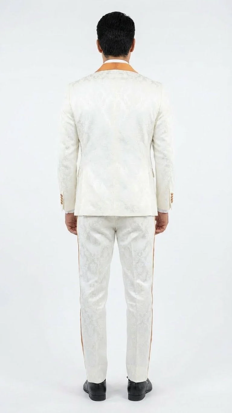 Men's Ivory and Gold Jacquard Tuxedo Suit + Bowtie – Formal Wedding, Prom, and Gala Outfit in Cream Off White color - Image 4