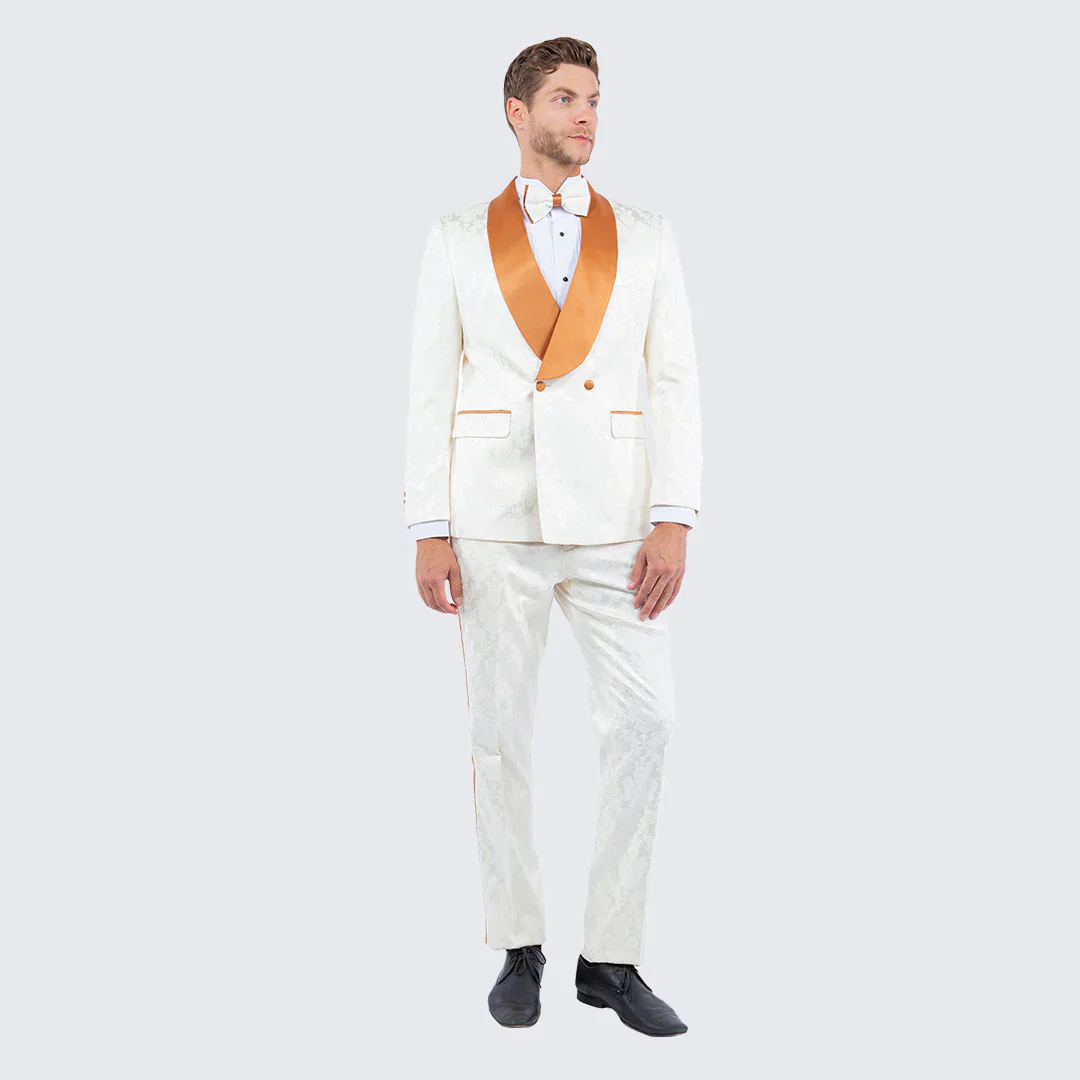 Men's Ivory and Gold Jacquard Tuxedo Suit + Bowtie – Formal Wedding, Prom, and Gala Outfit in Cream Off White color - Image 5