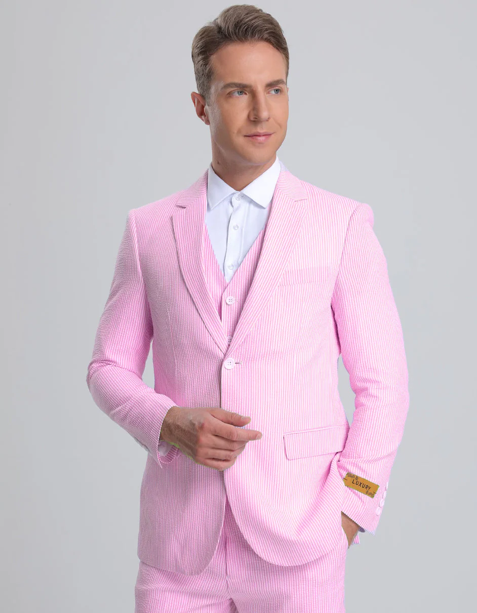 Mens Jacket + Pants Summer Seersucker Suit in Pink Pinstripe