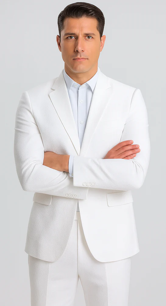 Mens Jacket + Pants Summer Seersucker Suit in White Pinstripe - Image 7
