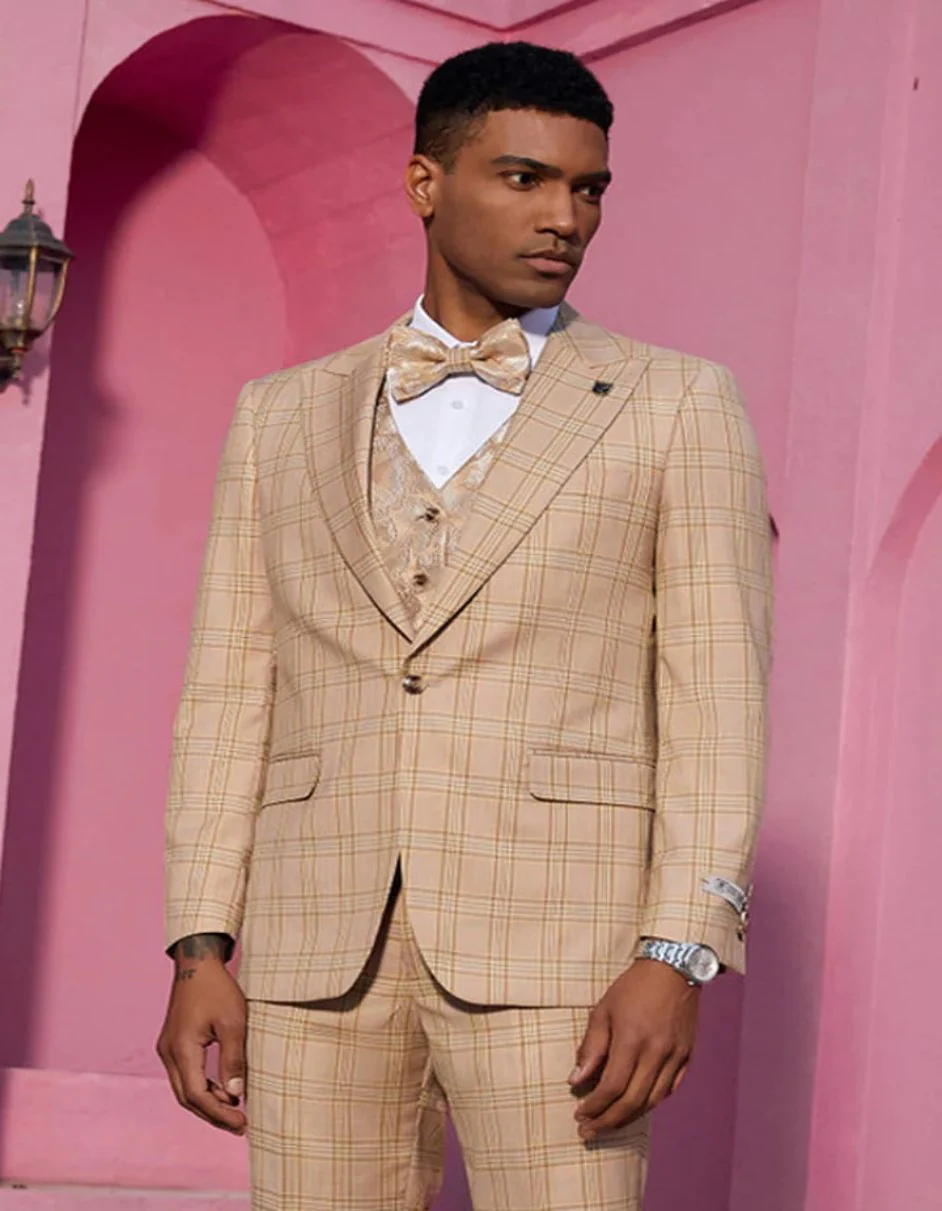 Mens Khaki Color Tuxedo - Mens Stacy Adams One Button Peak Lapel Plaid Paisley Khaki Suit - Image 2