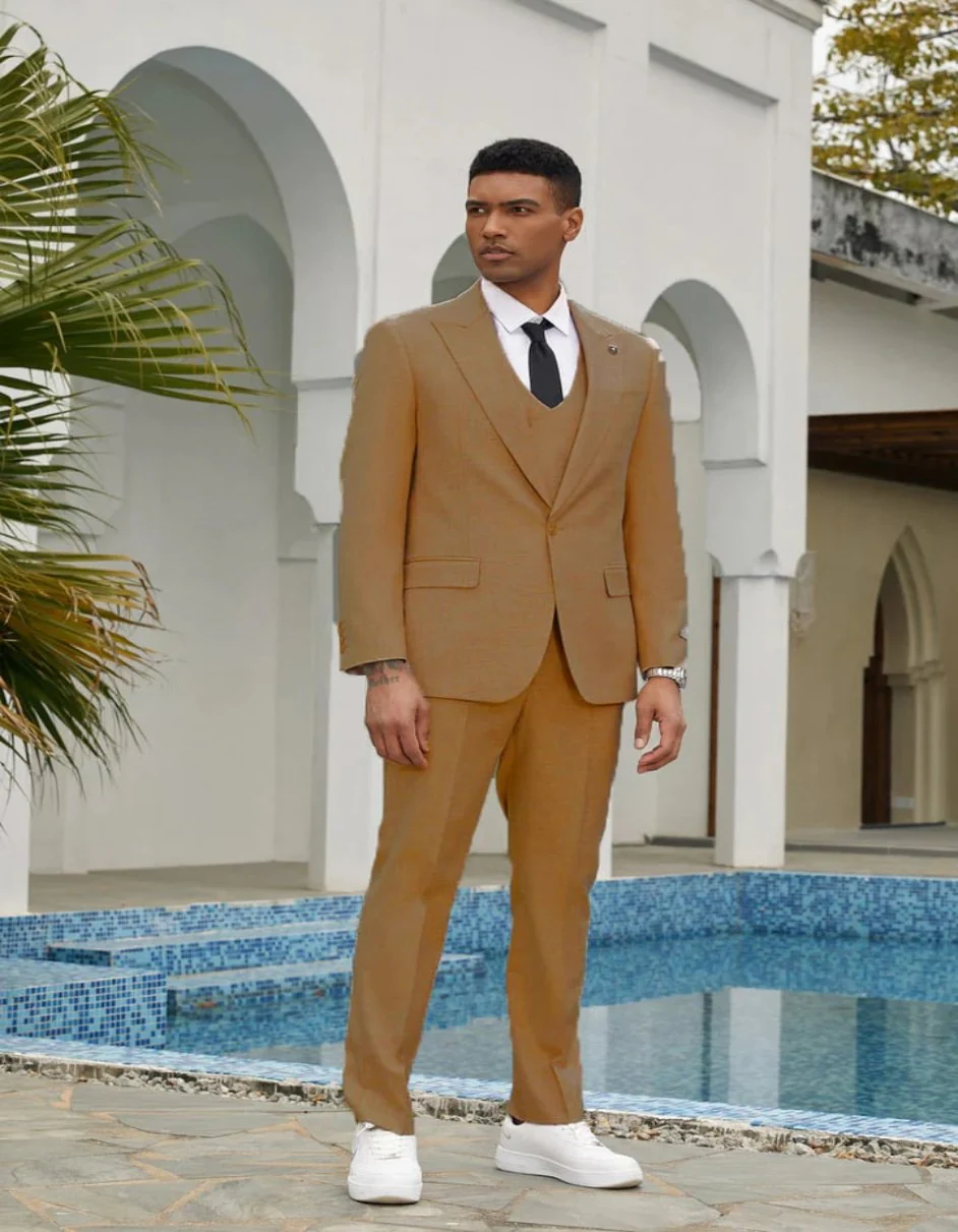 Mens Khaki Color Tuxedo - Mens Stacy Adams One Button Summer Khaki Double Breasted Suit - Image 2