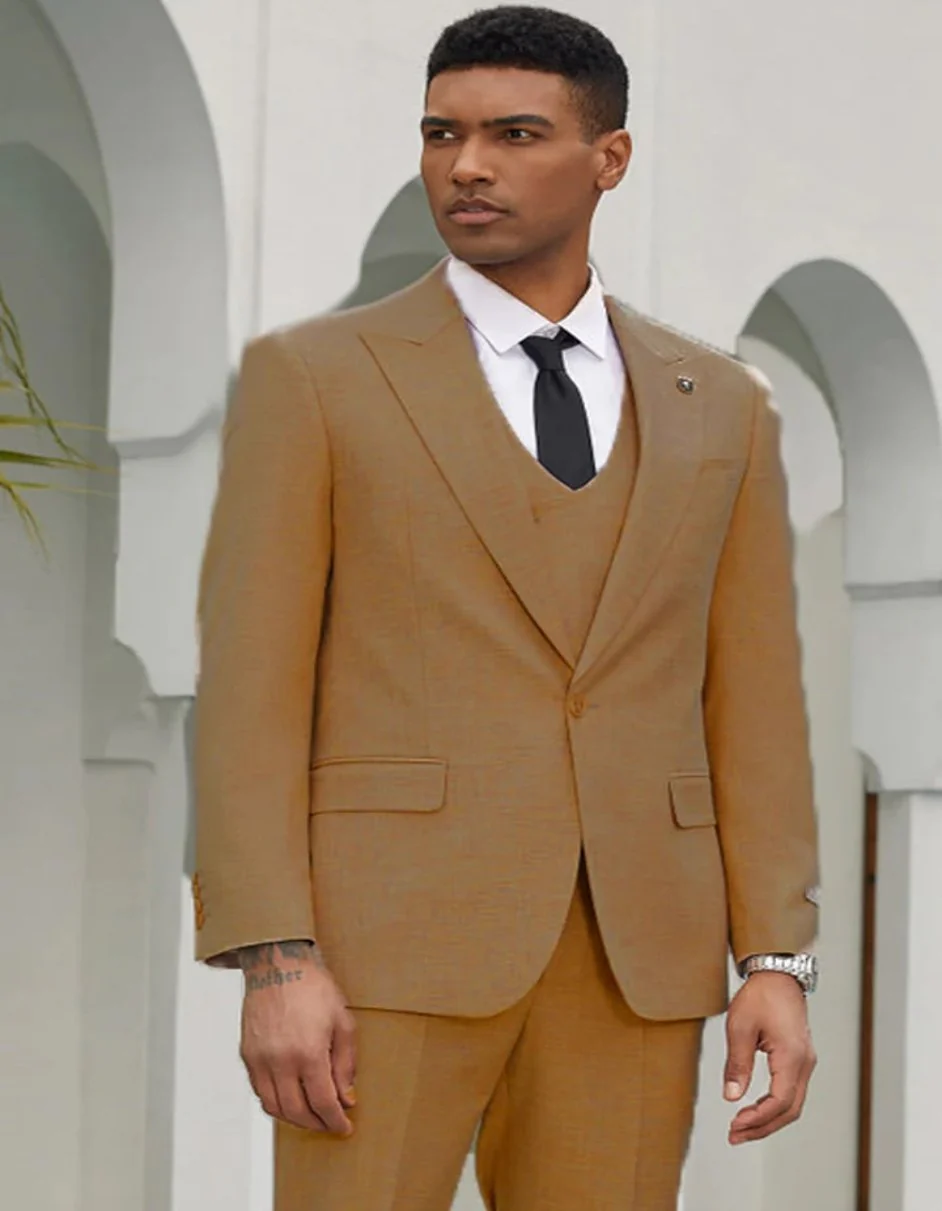 Mens Khaki Color Tuxedo - Mens Stacy Adams One Button Summer Khaki Double Breasted Suit - Image 3