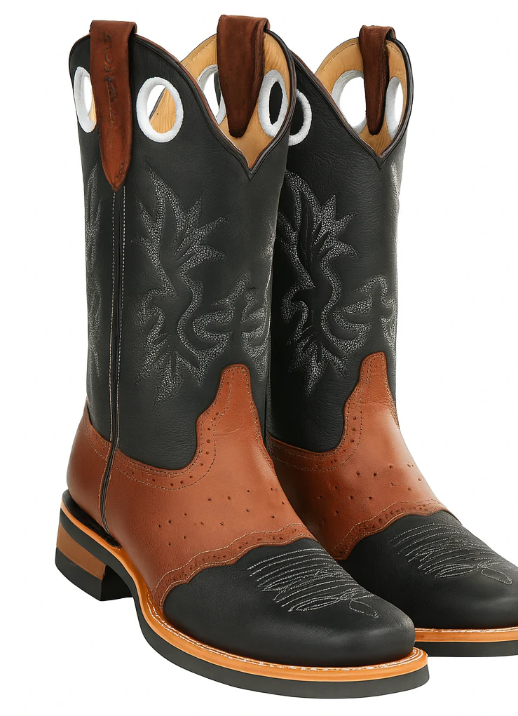 Men's King Exotic Boots Genuine Leather With Saddle Vamp Handcrafted  Black & Brown  (48112705-2) - Image 4