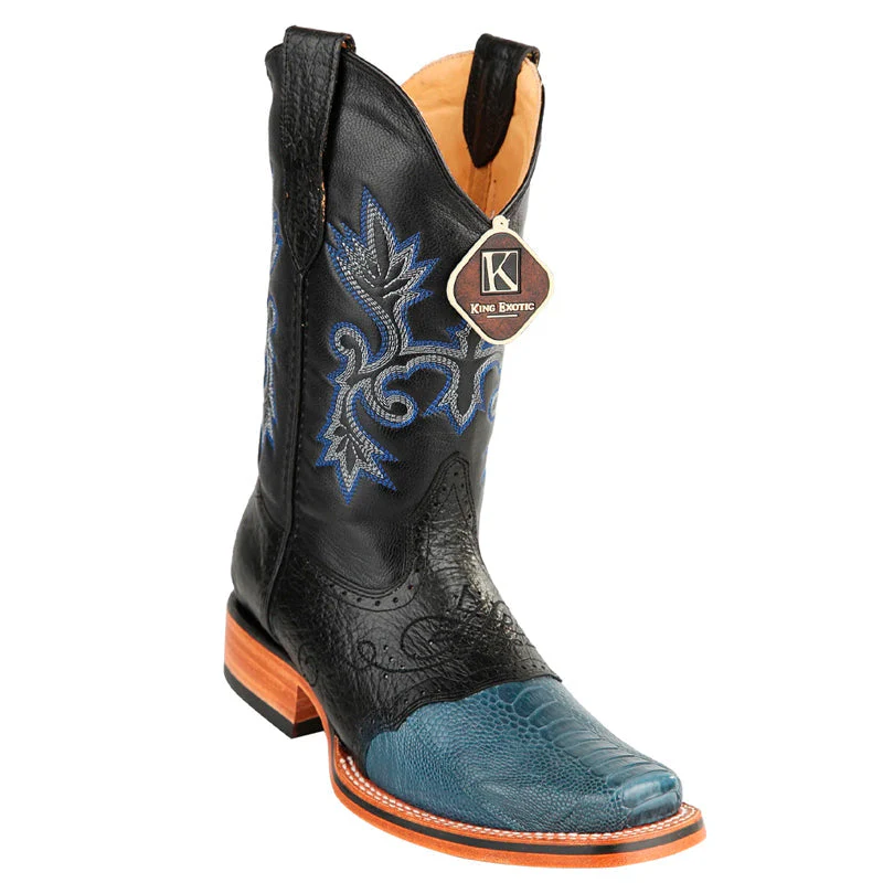 Men's King Exotic Ostrich Leg Square Toe Boots With Saddle Handmade Blue Jean